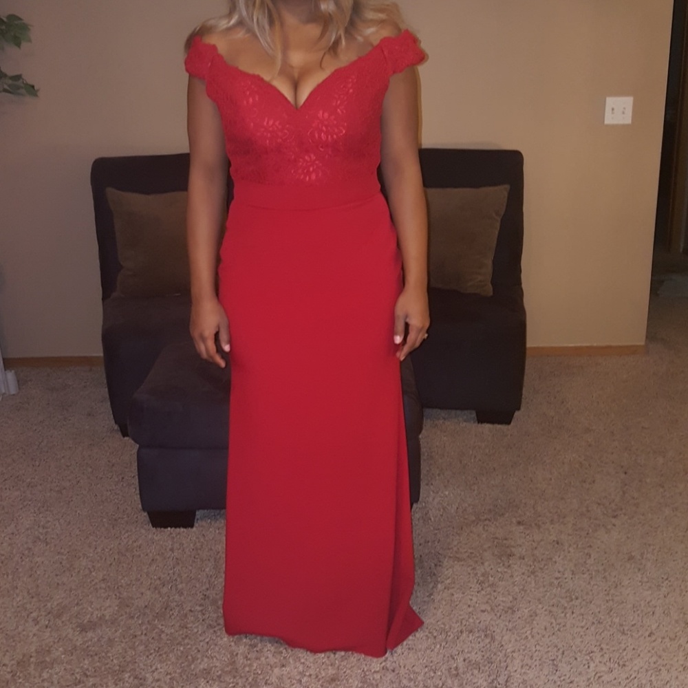 Beautiful red gown with lace train